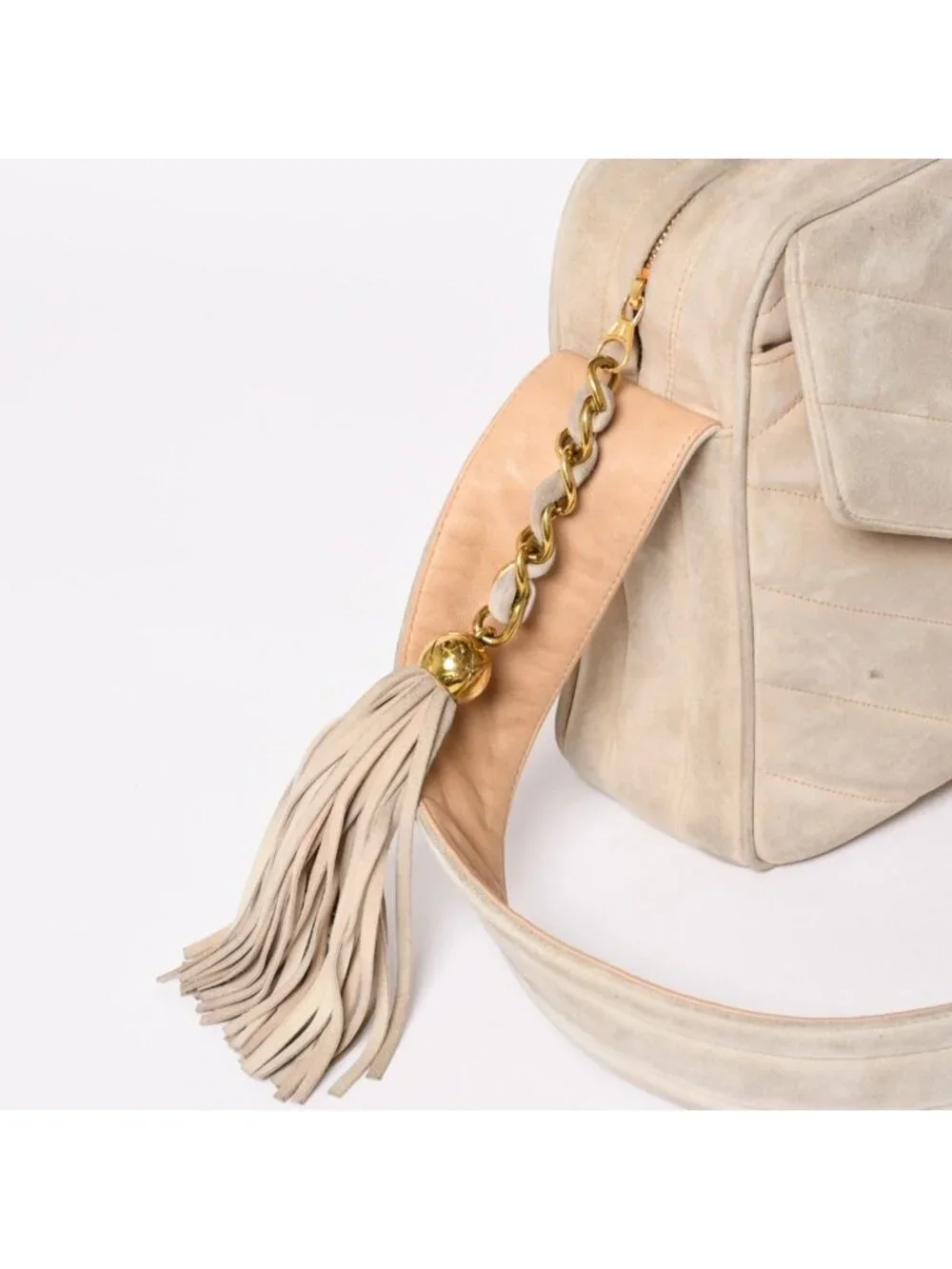 Chanel CC Logo Suede Tassel Shoulder Bag Chevron Bahia Stitch Gold